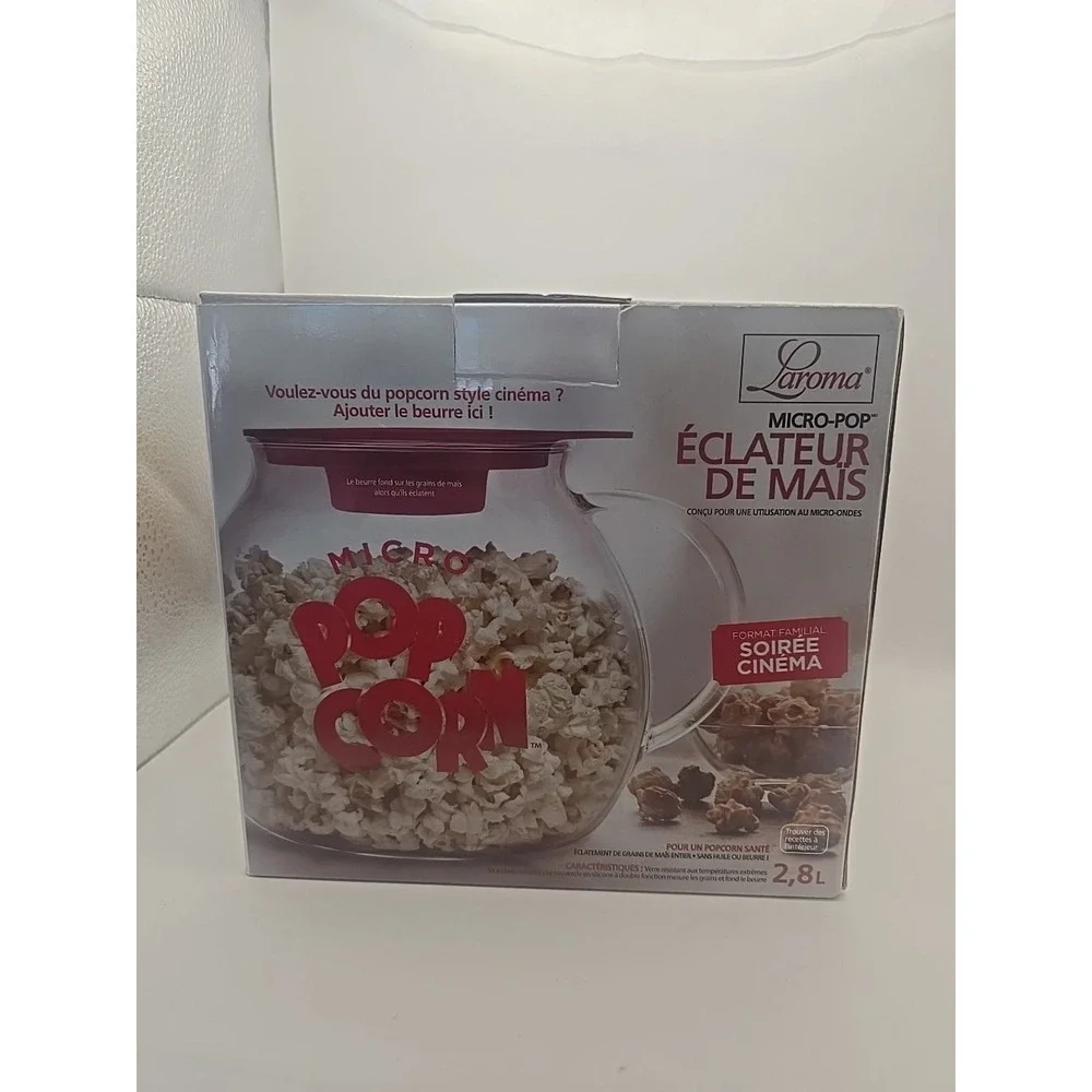 LaRoma Family Size Glass Microwave‎ Popcorn Popper Red Lid Measures Melts Butter